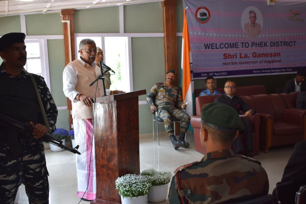 Nagaland Governor, La Ganesan speaking during the interactive meeting with the CSOs and HoDs of Phek district at Heritage Banquet Hall, DC’s Residence on April 21. (DIPR Photo)