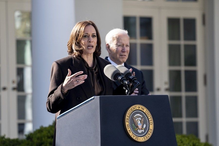U.S. Vice President Kamala Harris (L) speaks after U.S. President Joe Biden signed the Emmett Till Anti-Lynching Act in the Rose Garden of the White House in Washington, D.C., the United States, on March 29, 2022. (Xinhua/Liu Jie/IANS)