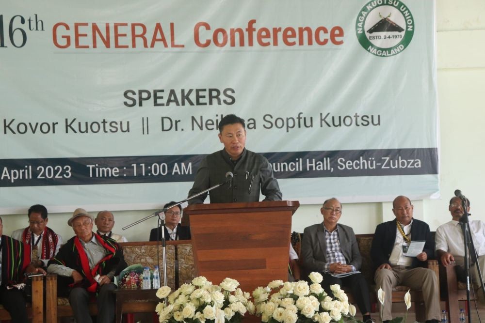 Dr. Neilasa Sopfu Kuotsu speaking at the 16th general conference of Naga Kuotsu Union on April 22.