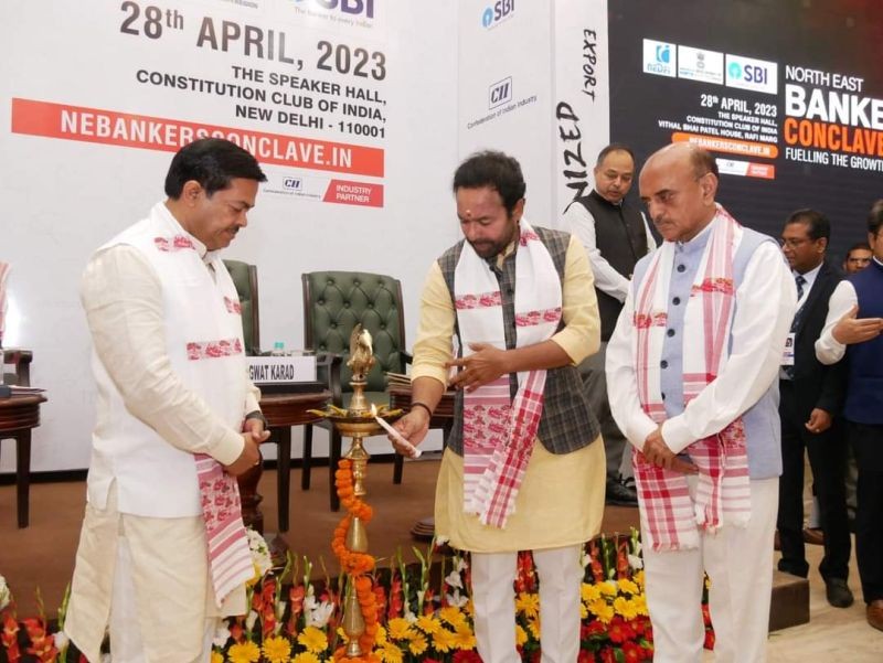 Minister of Development for the North Eastern Region, G Kishan Reddy lighting a lamp to inaugurate the North East Banking conclave at New Delhi on April 28. 