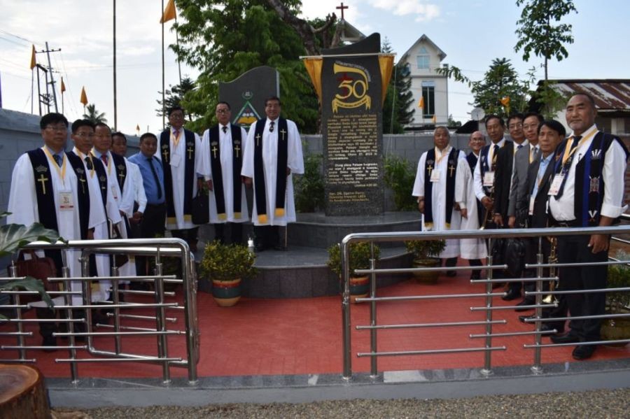 Rev Dr Ezamo Murry along with others after unveiling the golden jubilee monolith on May 27. (DIPR Photo)
