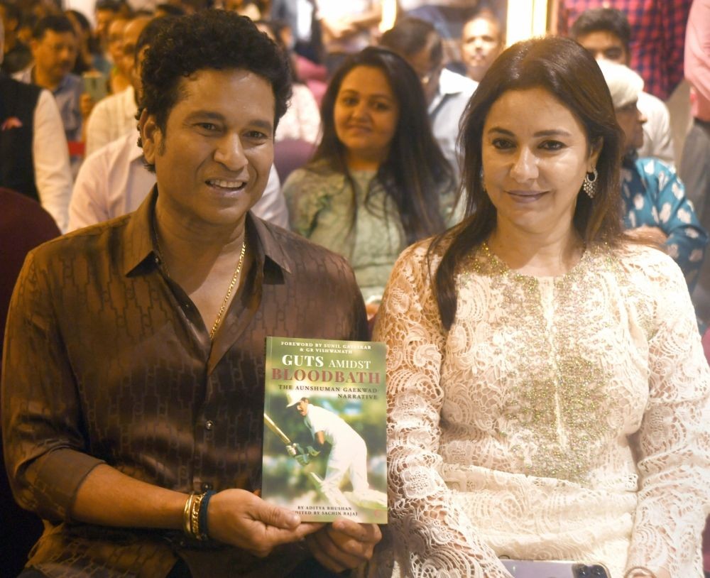 Mumbai : Former cricketer Sachin Tendulkar and his wife, Anjali Tendulkar, were present during the unveiling of the book "Guts Amidst Bloodbath," a narrative by former cricketer Anshuman Gaekwad, in Mumbai on Friday, May 19, 2023. (Photo: IANS)