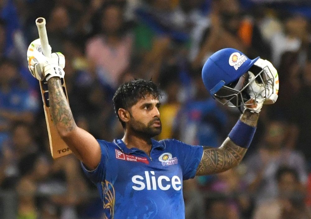 Mumbai : MI's batsman SuryaKumar Yadav celebrates his century during the IPL 2023 match between Mumbai Indians and Gujarat Titans, at Wankhede Stadium, in Mumbai, on Friday, May 12, 2023. (Photo:IANS)