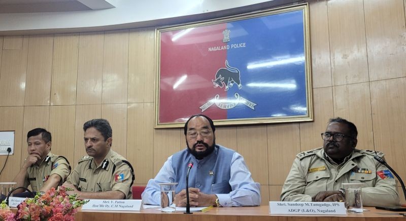 Nagaland Dy CM Y Patton with DGP Rupin Sharma and others during press conference at PHQ Kohima on May 4. (Morung Photo)