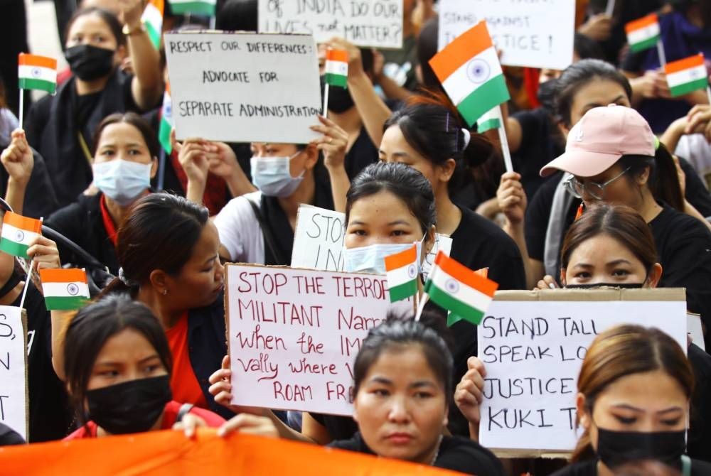 New Delhi: Manipur Kuki-zo Tribal women stage a protest over various demands including the implementation of Presidential Rule in the state, at Jantar Mantar, in New Delhi on Monday May 29, 2023. (Photo: Wasim Sarvar/IANS)
