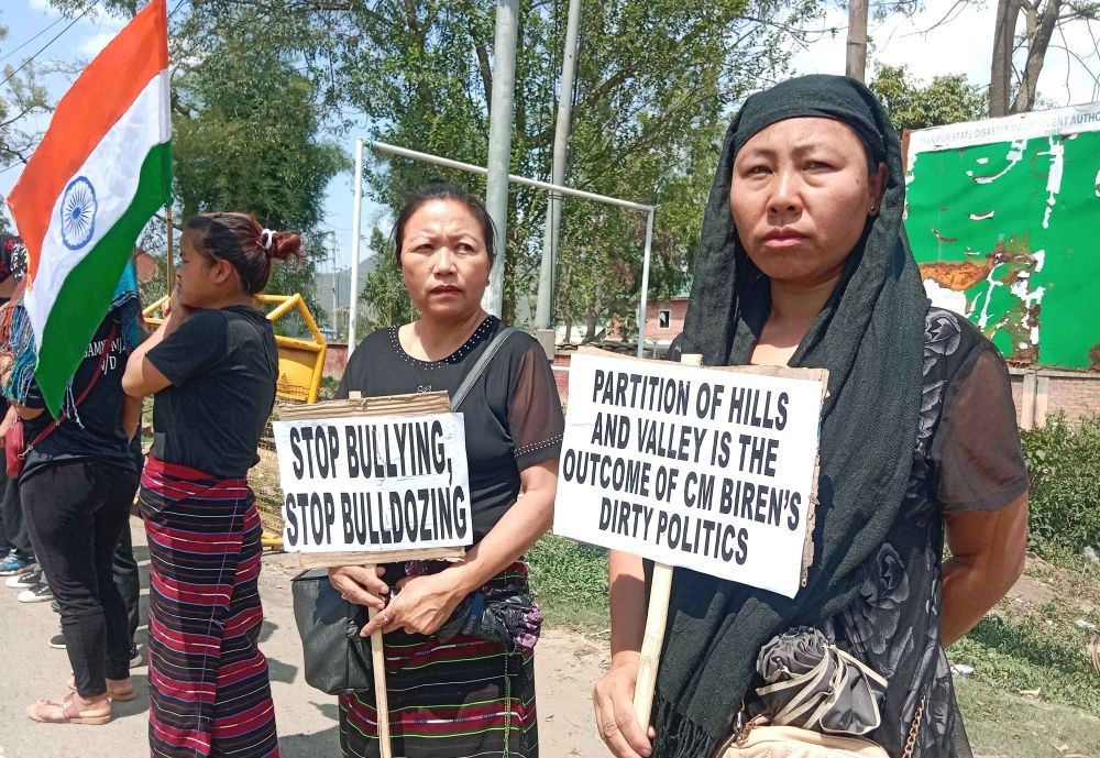 Churachandpur: Members of the Kuki tribes take part in a peaceful protest during the visit of Union Home Minister Amit Shah, at Churachandpur in Manipur, Tuesday, May 30, 2023. (Photo: IANS)