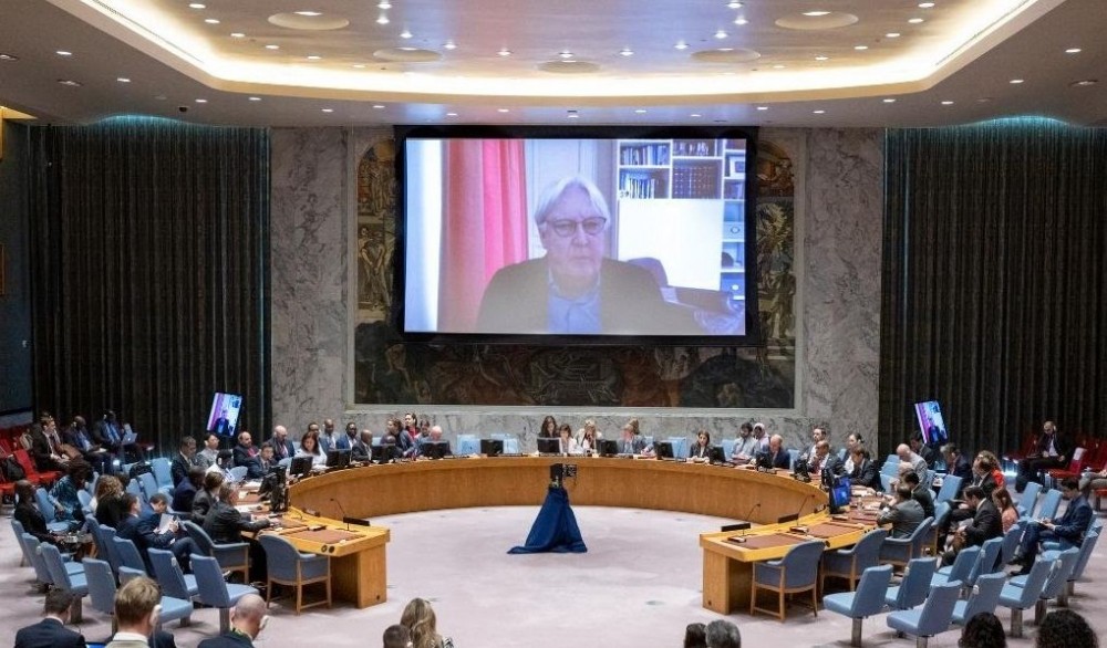 UN Undersecretary-General for Humanitarian Affairs Martin Griffiths (on screens) speaks via a video link at a Security Council meeting at the UN headquarters in New York, on May 15, 2023.  (Eskinder Debebe/UN Photo/Handout via Xinhua/IANS)
