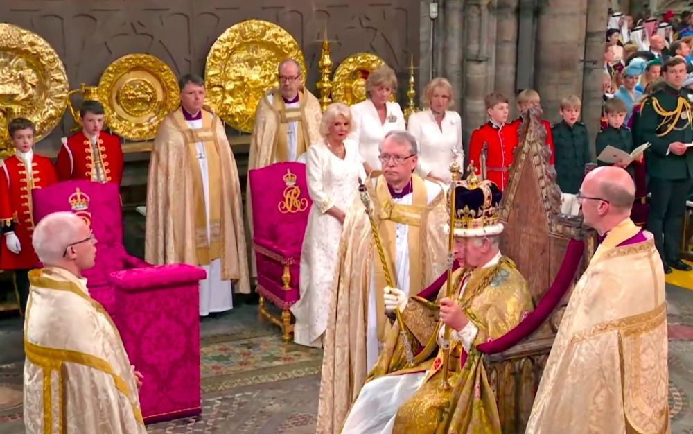 London: King Charles III is being crowned during the coronation ceremony at Westminster Abbey in Central London on Saturday, May 6th, 2023.(IANS)