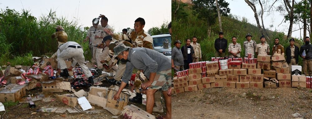 Different qualities of IMFL were destroyed at Wokha on May 6. (DIPR Photo)