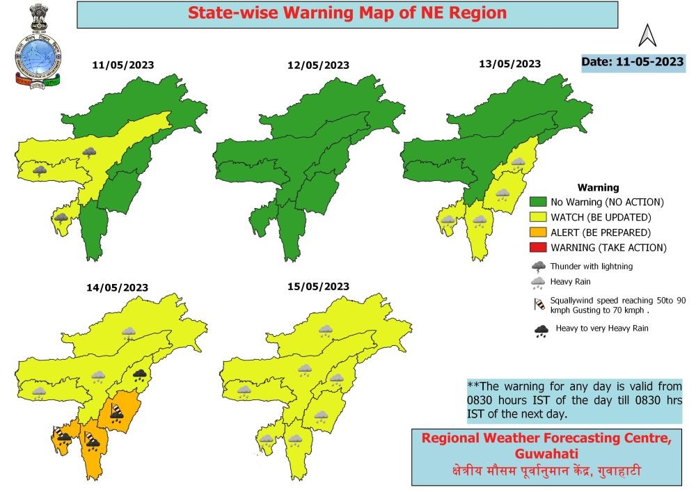 Five days state-wise weather forecast for the North-East issued by the Regional Meteorological Centre, India Meteorological Department on May 11. (Image Courtesy: @GuwahatiRmc/Twitter)