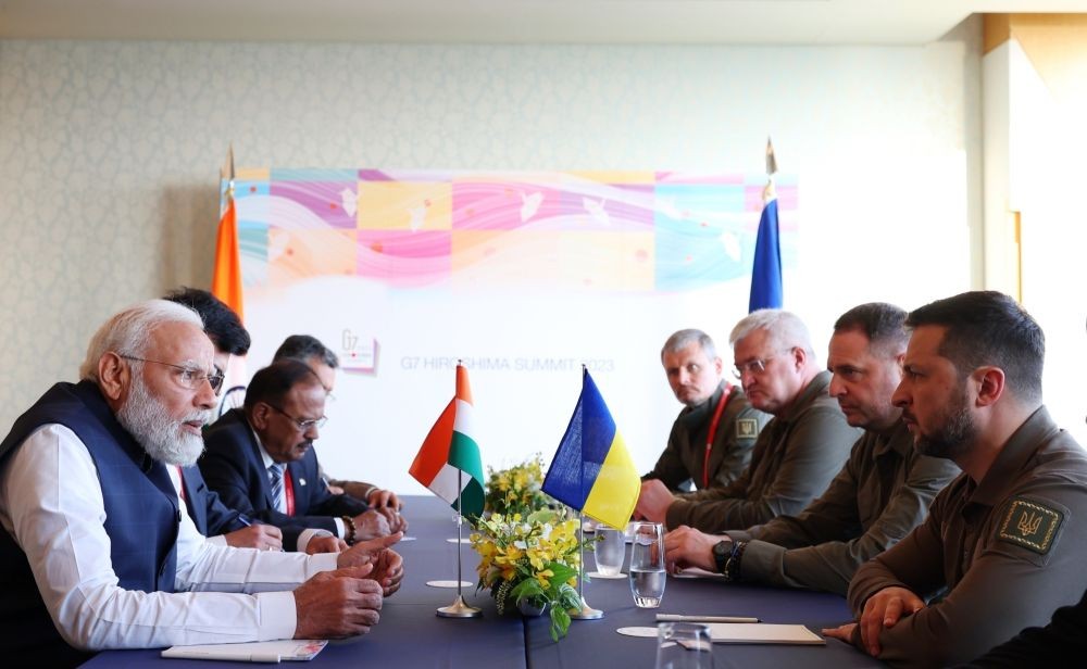 Hiroshima : Prime Minister Narendra Modi in a bilateral meeting with the Ukraine President Volodymyr Zelenskyy on the sidelines of the G7 Summit in Hiroshima, Saturday, May 20, 2023. (Photo: IANS/PIB)