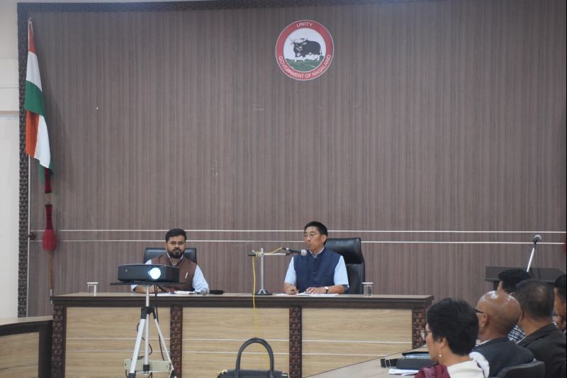 MP Lok Sabha, Tokheho Yepthomi, addressing the District Development Co-ordination and Monitoring Committee (DISHA) review meeting at Mokokchung on May 23 (DIPR Photo).