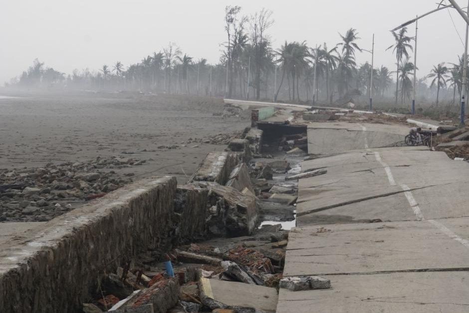 This photo taken on May 15, 2023 shows a road left in a mess after Cyclone Mocha hits Sittwe, Rakhine State, Myanmar. Five people have been killed after the extremely severe cyclonic storm Mocha swept into Myanmar on Sunday, state media reported on Monday. (Str/Xinhua)