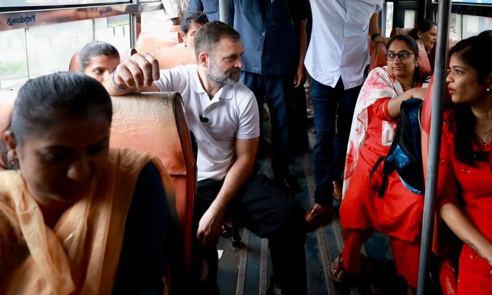 Bengaluru: Congress leader Rahul Gandhi interacts with passengers during his travel in a BMTC bus, in Bengaluru on Monday, May 08, 2023.(Photo:IANS)
