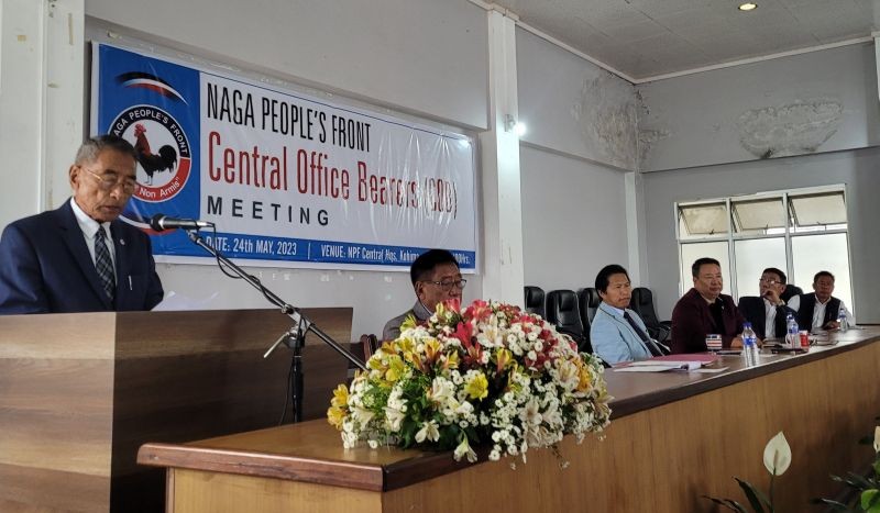 Dr Shurhozelie Liezietsu addresses the meeting of Central Office Bearers of NPF on May 24. (Morung Photo)