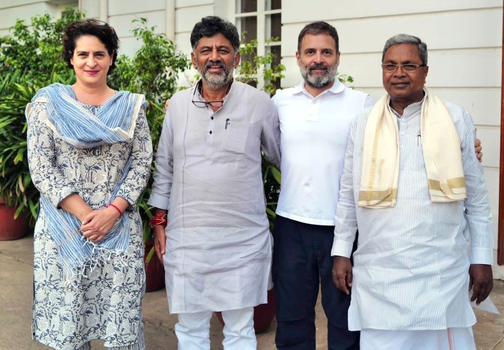 Bengaluru: Congress leaders Rahul Gandhi and Priyanka Gandhi meet Karnataka CM-designate Siddaramaiah  and Deputy CM-designate D. K. Shivakumar , in Bengaluru, on Friday,  May 19, 2023. (Photo: IANS)