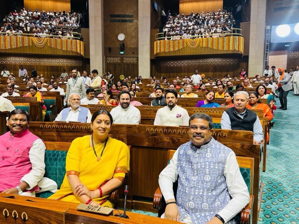 New Delhi: Union Ministers Dharmendra Pradhan, Smriti Irani and other dignitaries during the inauguration ceremony of the New Parliament building, in New Delhi, on Sunday, May 28, 2023.  (Photo: IANS/Twitter)