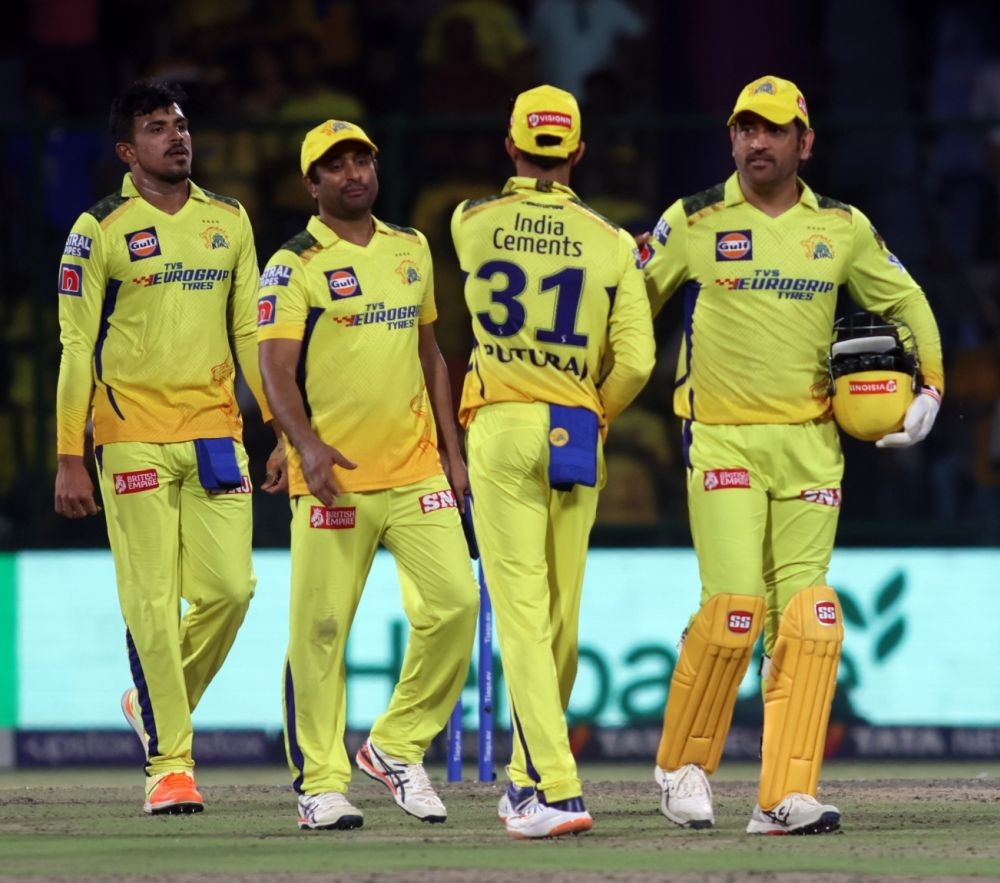 New Delhi : Chennai Super Kings players celebrate after winning  during the IPL 2023 match against Delhi Capitals at Arun Jaitley Stadium, in New Delhi, on Saturday, May 20, 2023. (Photo:Biplab Banerjee/IANS)