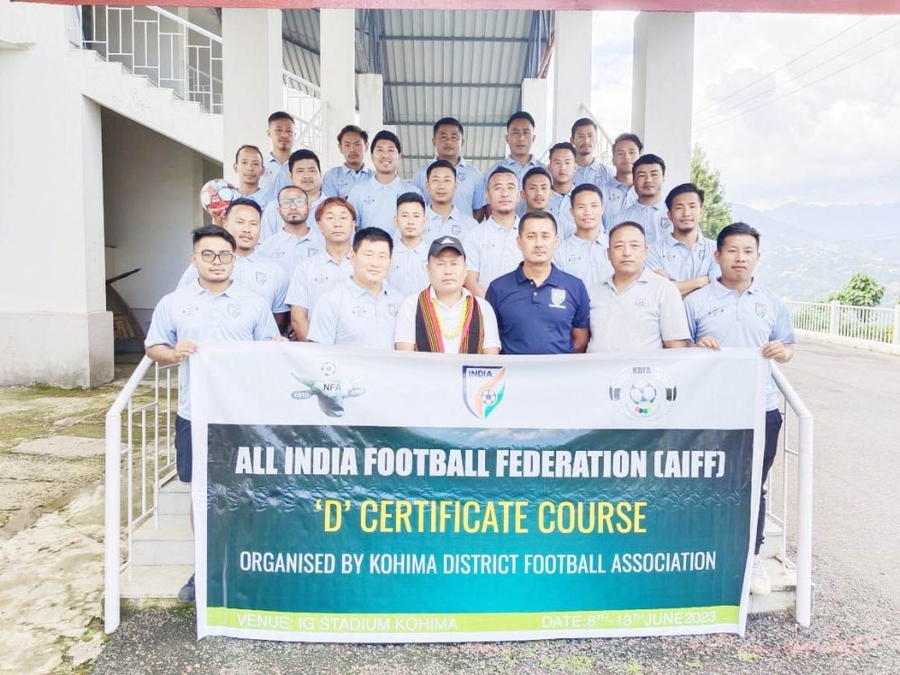 Roko Angami and Mathew Yhome with others during the opening ceremony of AIFF-D license coaching in Kohima on June 8. (Morung Photo)