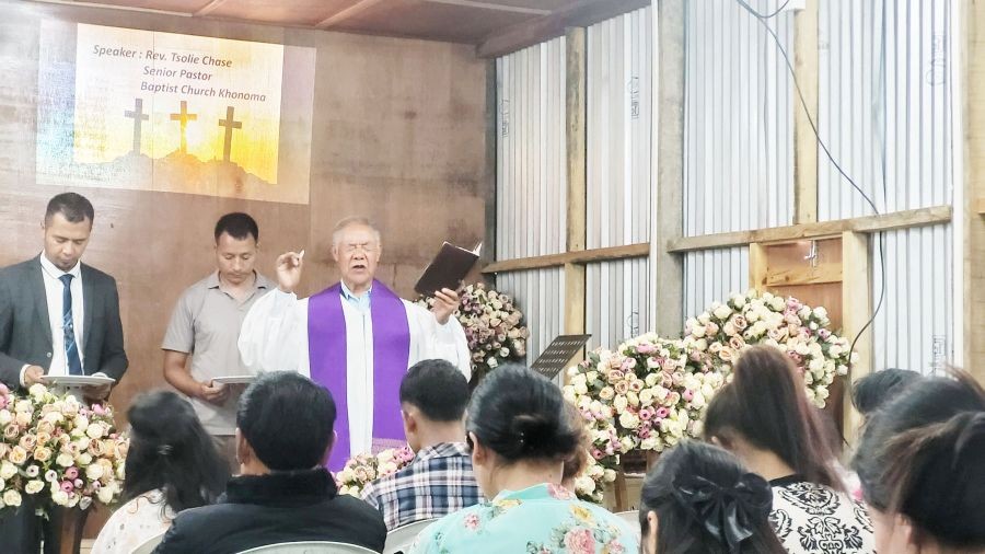 Rev Tsolie Chase during the new church dedication of BBF in Kohima on June 25. (Morung Photo)