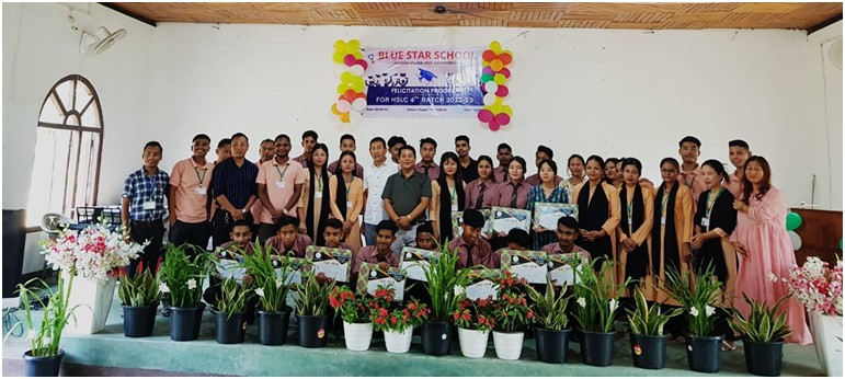 The Class 10 2022-23 batch of Blue Star School Singrijan during a felicitation programme hosted in their honour for clearing the HSLC 23 examination at the Chapel Hall, AGBCN Mission Centre, Singrijan on June 5.