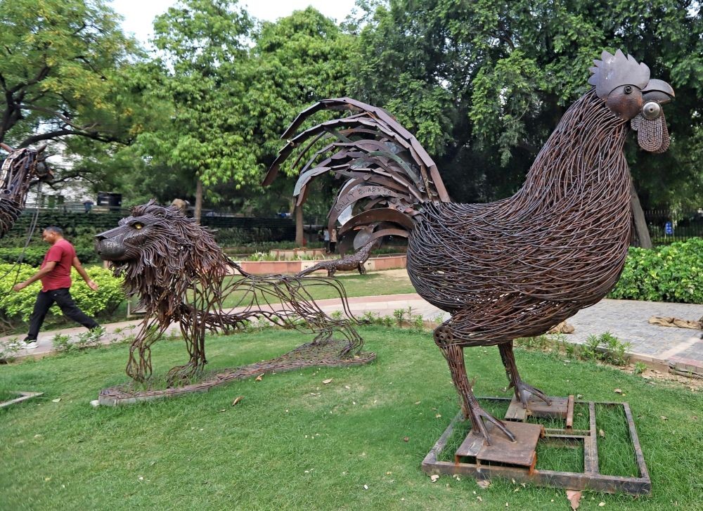 New Delhi: Sculptures of animals and birds made from scrap metal being displayed inside a park at Chanakyapuri for the preparations for G20 Summit, in New Delhi, on Friday, June 09, 2023. (Photo: Wasim Sarvar/IANS)