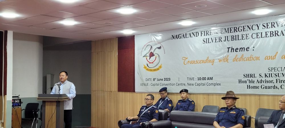 S. Kiusumew Yimchunger, Advisor, F&ES, Home Guard, Civil Defence & SRDF speaking at the silver jubilee celebration of the Nagaland Fire & Emergency Services Association on June 8 at Kohima. (Morung Photo)