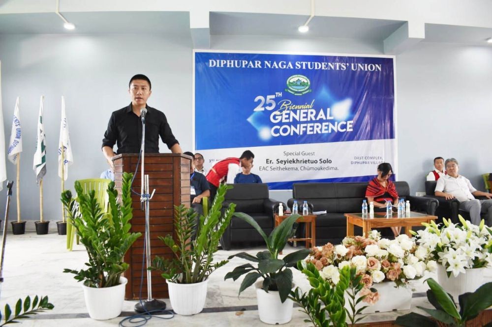 Er Seyiekhrietuo Solo speaking during the 25th General Conference of DNSU on June 3. (DIPR Photo)