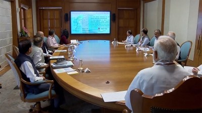 New Delhi: Prime Minister Narendra Modi holds a meeting to review the situation related to Cyclone Biparjoy,in New Delhi,Sunday, June 12, 2023. (Photo:IANS/Twitter)