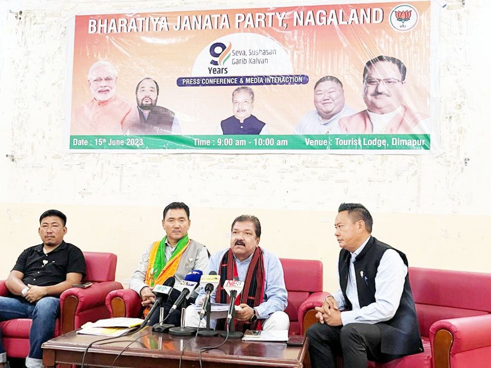 Dr Dilip Kumar Jaiswal, Member of Legislative Council (MLC) of Bihar and State BJP in-charge of Sikkim along with state party workers during the media interaction at Tourist Lodge, Dimapur on June 15. (Morung Photo).