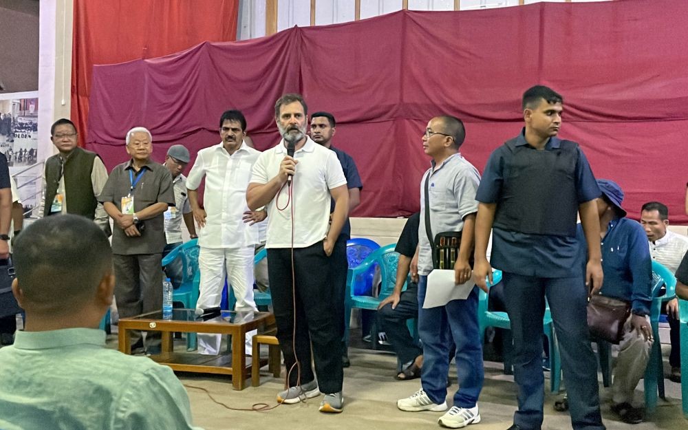 Churachandpur: Congress leader Rahul Gandhi speaks during his interaction with violence the affected families at a relief camp in Churachandpur, in Manipur, on Thursday, June 29, 2023. (IANS/Anuwar Hazarika)