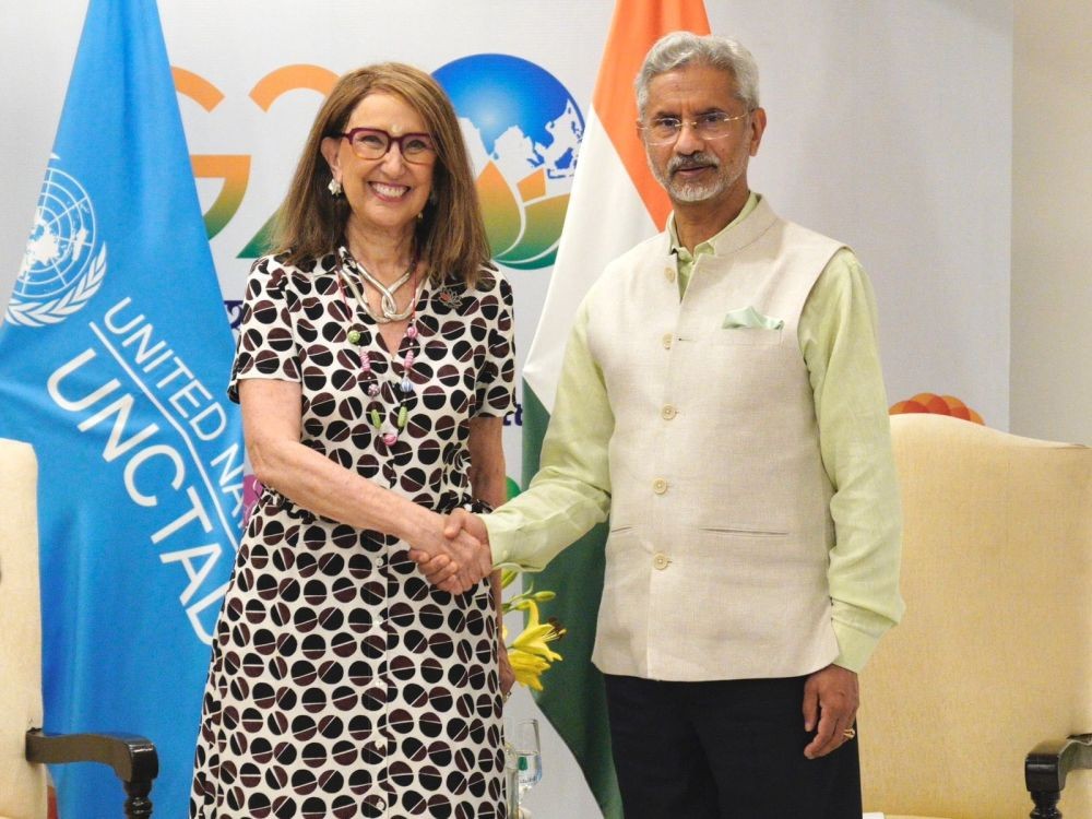 Varanasi: External Affairs Minister S Jaishankar meets Secretary General of UN Conference on Trade & Development Rebeca Grynspan on the sidelines of G20 Development MinistersÃ¢Â€Â™ meeting, in Varanasi, on Sunday, June 11, 2023. (Photo: IANS/Twitter)