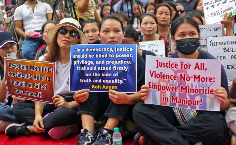 New Delhi: Members of civil society organisations stage a peaceful protest at jantar mantar over their demands to restore peace in ethnic strife-hit Manipur, in Delhi on Saturday, June 24, 2023. (Photo:IANS/Anupam Gautam)