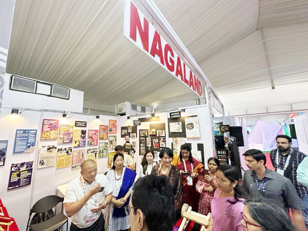 Union Minister of State for Education Annpurna Devi Yadav with officials visiting Nagaland exhibition stall at the ongoing EdWG meeting at Savitribai Phule, Pune University on June 17.
