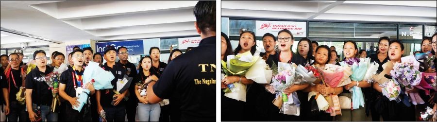 Members of The Nagaland Chamber Choir performing their theme song, “As long as I have music,” during the grand reception, organised in their honour, at the Dimapur airport on July 19. (Morung Photo)