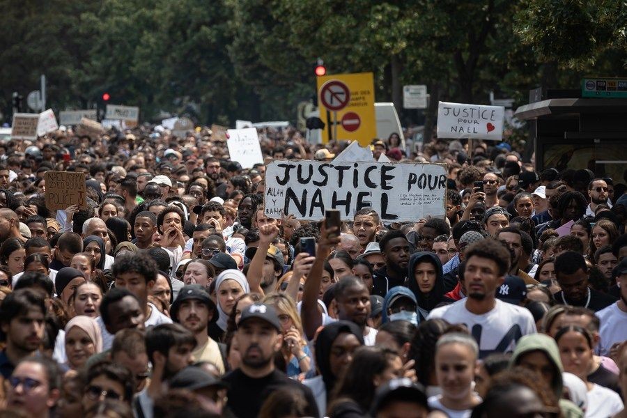 People take part in a protest in Nanterre, a town on the western outskirts of Paris, France, on June 29, 2023. (Photo by Aurelien Morissard/Xinhua/IANS)