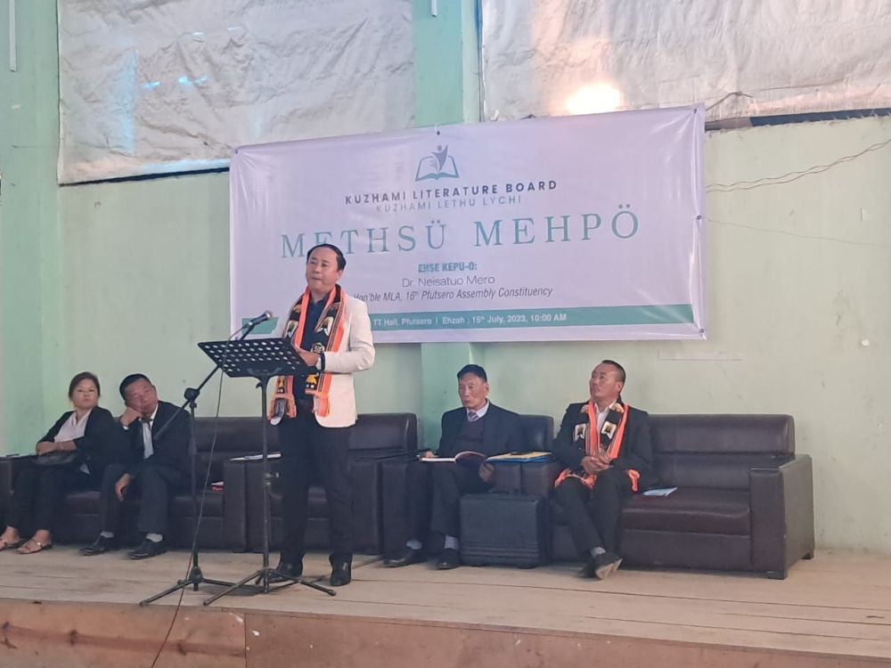 MLA Dr Neisatuo Mero speaking at the general conference of Kuzhami Literature Board held at TT Hall Pfütsero.