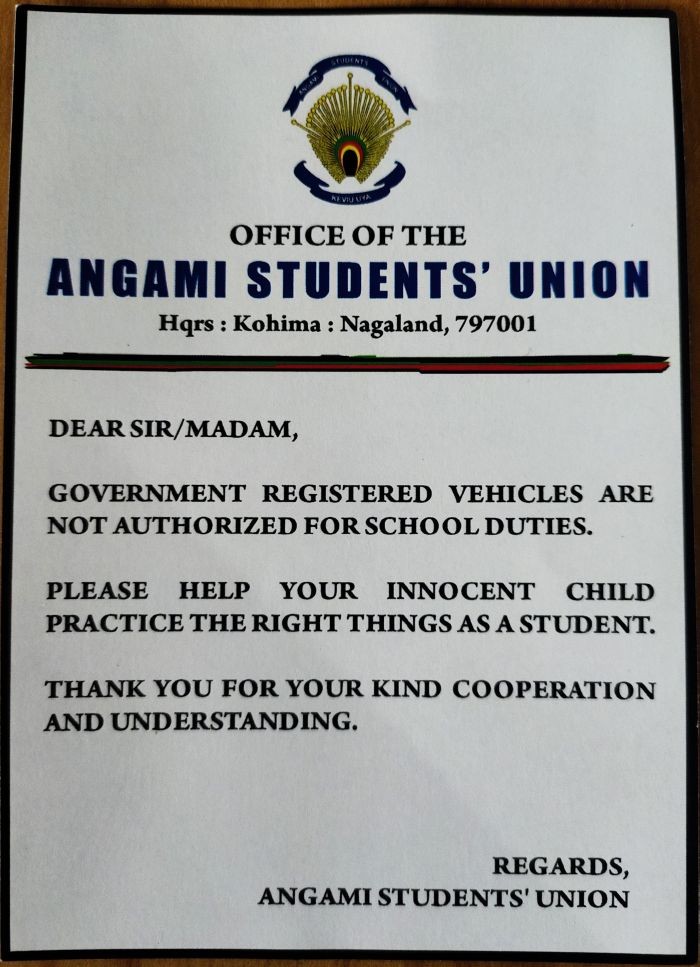 Angami Students’ Union conducted an awareness drive for Government registered vehicles involved in dropping off and picking up students from schools in Kohima.