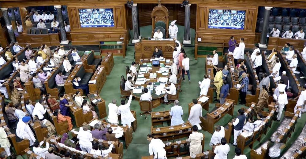New Delhi : Lok Sabha MPs during the Monsoon session of Parliament, in New Delhi on Friday, July 21, 2023. (Photo:IANS/Sansad TV Grab)