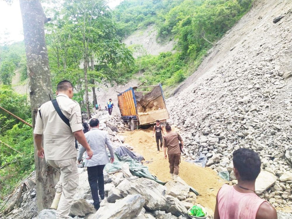 MLA Dr Neisatuo Mero inspects landslide area on July 3.