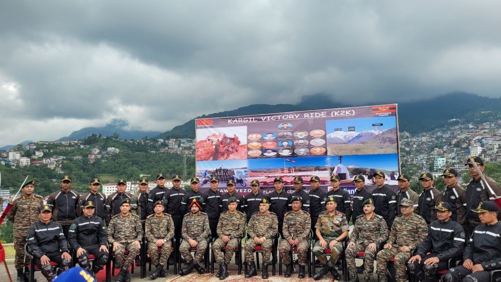 Lt Gen RP Kalita and others with motorcycle expedition team during flagging–off ceremony on July 2 in Kohima. (Morung Photo)