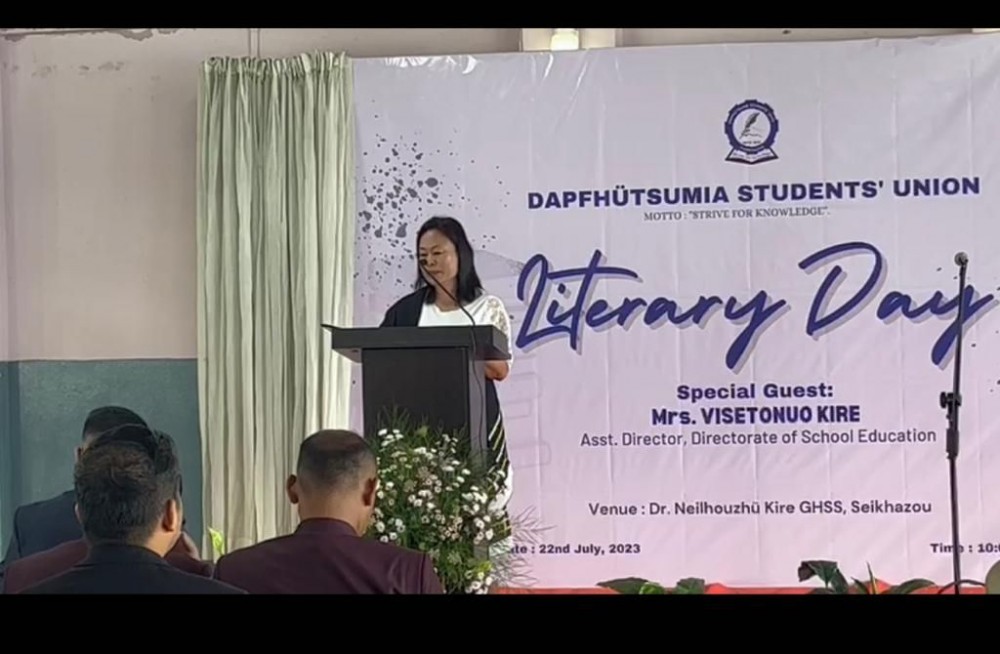 Visetonuo Kire, Assistant Director, Directorate of school education addressing DSU literary day on July 22.