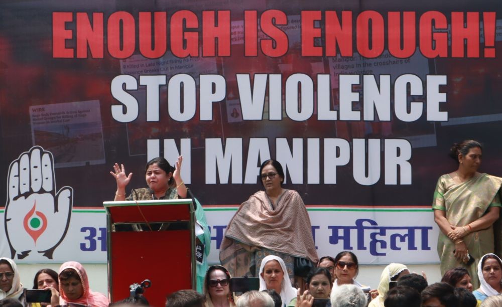 New Delhi: Mahila Congress President Netta D'Souza with workers during a protest over Manipur violence, in New Delhi, on Thursday, July 20, 2023. (Photo: IANS/Wasim sarvar)