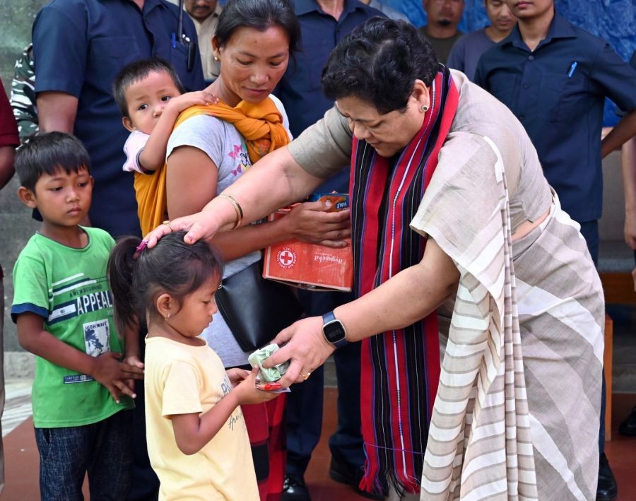 Manipur Governor Anusuiya Uikey visits a relief camp in violence-hit Churachandpur on July 29. (Photo:IANS/Twitter:@RajBhavManipur)