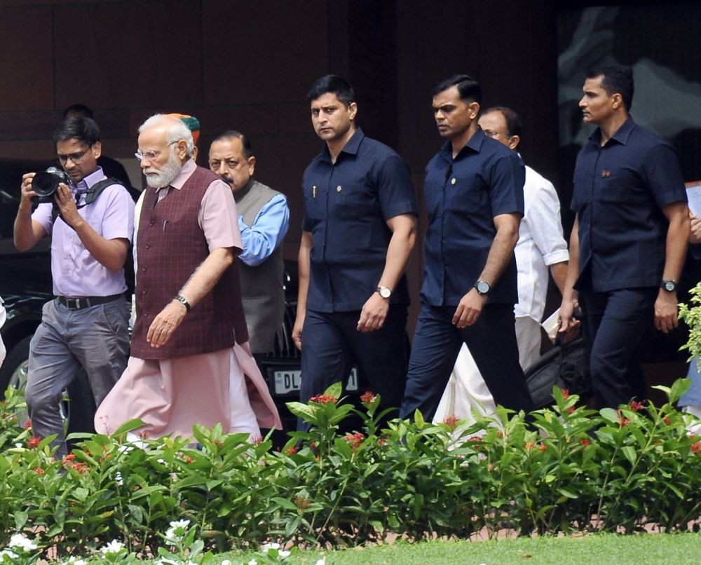 New Delhi: Prime Minister Narendra Modi with others leave after the BJP parliamentary party meeting, in New Delhi, Tuesday, July 25, 2023. (Photo: IANS/Qamar Sibtain)