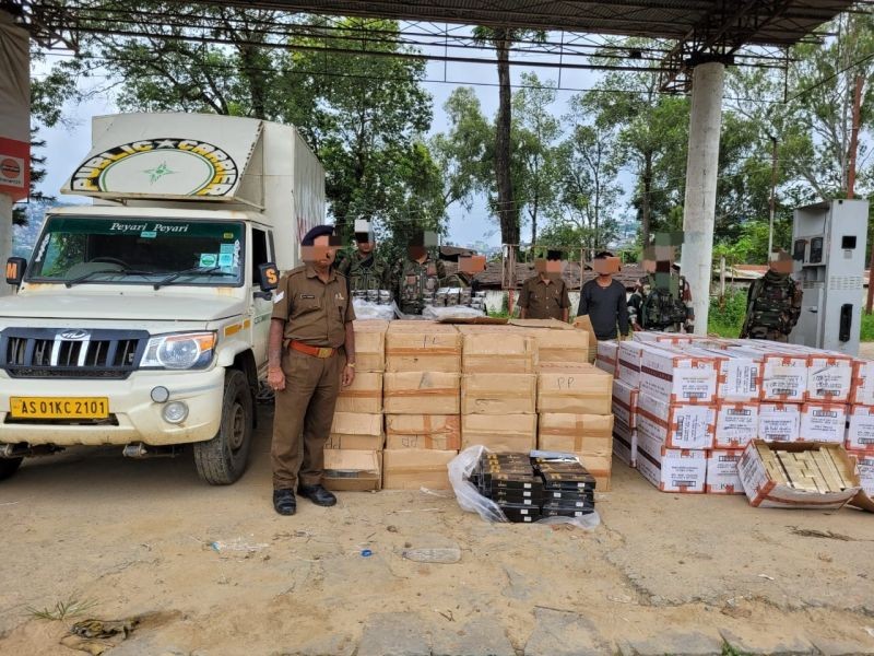 Assam Rifles personnel along with the smuggled foreign cigarettes seized near Merima Bypass road, Kohima on July 11. (Photo Courtesy: IGAR-N)