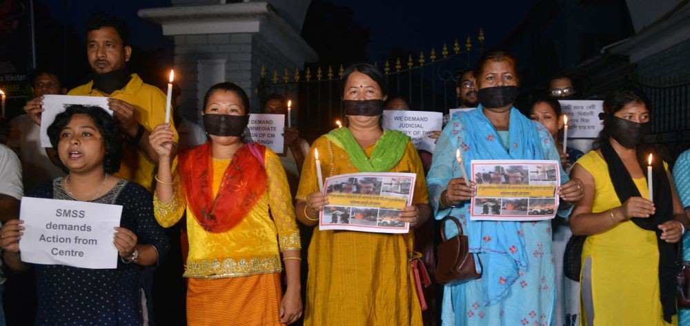 Guwahati: Members of the Satra Mukti Sanram Parisad and Krishak Mukti Sanram Parisad during a protest over sexual violence against women and for peace in the ongoing ethnic violence in Manipur, in Guwahati on July 20, 2023. (Photo: IANS/Anuwar Hazarika)