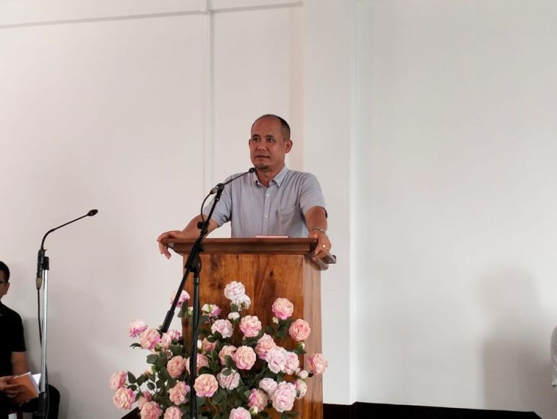 ABAM Executive Secretary speaking during the brief dedicatory programme of the Impur Bible Seminary Boy's hostel on 20 July at Impur, Mokokchung. (Morung Photo)