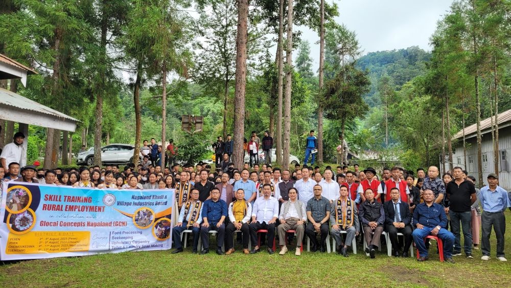 KG Kenye, Dr Neiphrezo Keditsu and other dignitaries with trainees of skill training for rural employment at Chizami on August 3. (Morung Photo)
