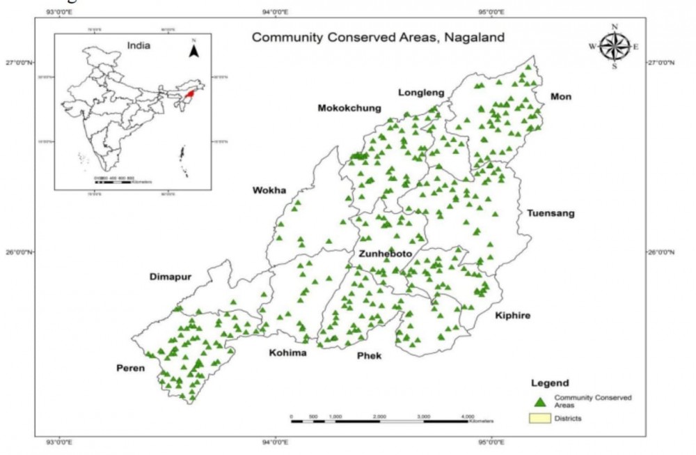 This map provided by the Nagaland Community Conserved Area Forum shows the spread and extent of community owned and conserved forest areas in Nagaland (NSBB, 2022).
